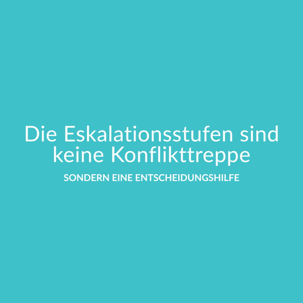 Grafik zu den Eskalationsstufen nach Glasl mit der Aussage: „Die Eskalationsstufen sind keine Konflikttreppe, sondern eine Entscheidungshilfe.“