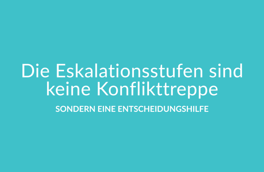 Grafik zu den Eskalationsstufen nach Glasl mit der Aussage: „Die Eskalationsstufen sind keine Konflikttreppe, sondern eine Entscheidungshilfe.“